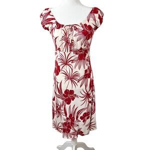 Hibiscus Collection Hawaii Women's VTG Fit & Flare Dress S Red Cream Floral Midi